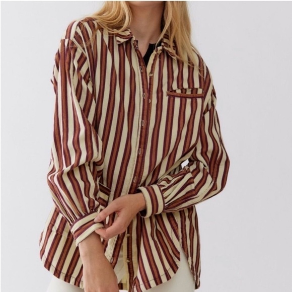 *Free with Purchase* 90’s Striped Long Sleeve Blouse Earth Tones Collar - Picture 10 of 10